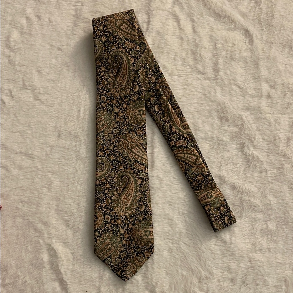 Christian Dior Men's Paisley Silk Tie in Tan Brown and Green